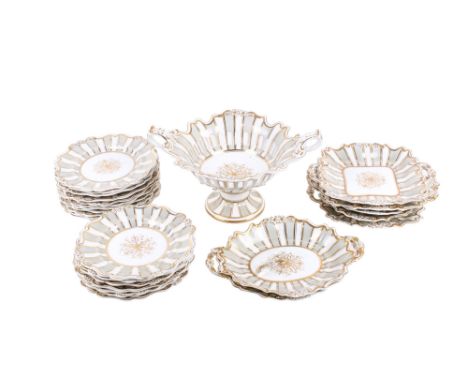 Vintage white porcelain dessert service. Having grey and gilt decoration, numbered 103 to the base, including centre piece, p