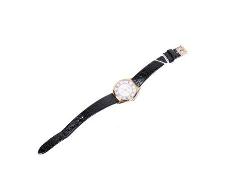 A gentleman's Rotary gold-plated wristwatch. With black Roman numerals to the pearlescent dial, on a black leather strap.