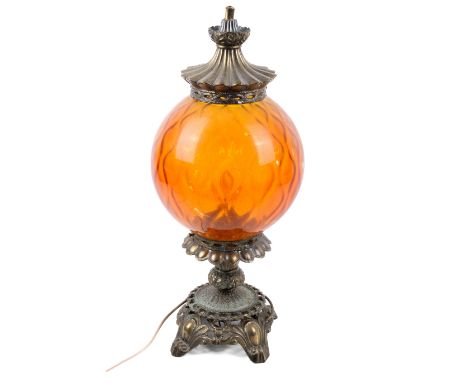A mid-century antique style orange glass globe table lamp. H56cm