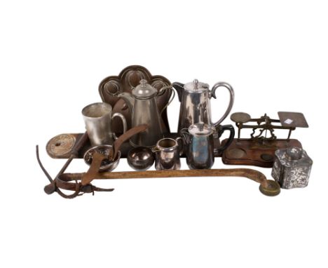 Group of assorted metalware. Including a set of letter scales, tea caddy, etc. Max. H20cm