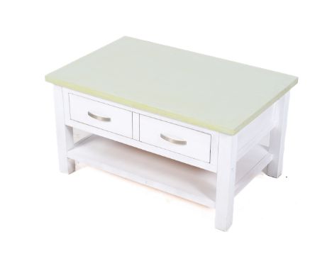 Contemporary painted coffee table. Light green top above a drawer and lower tier. H45cm x W85cm x D55cm