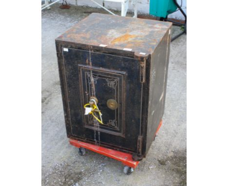 Vintage Bramah cast metal black and gold safe with key. H66cm x W51cm x D49cm