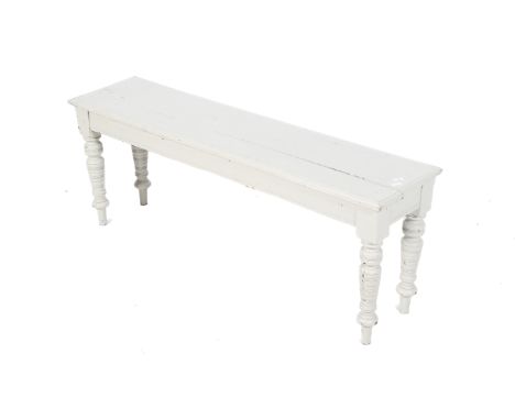 Grey painted pitch pine bench with turned tapering supports. H45cm x W119cm x D29cm