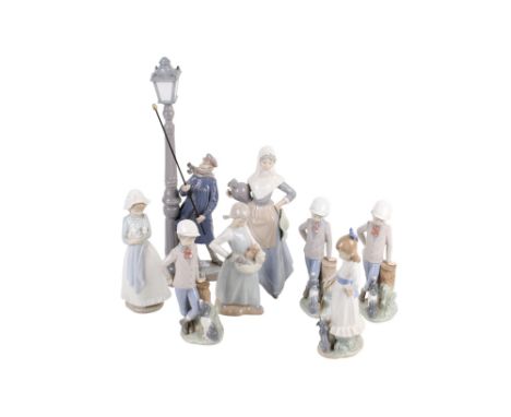 Eight Spanish porcelain figures. Comprising a Lladro figure of a man beside a lamp post and seven Nao figures of young girls 