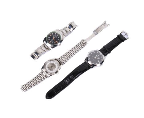 Three gentleman's replica wristwatches. Including two fake Rolex Oyster Perpetual, and a fske Patek Philippe. ***This lot is 