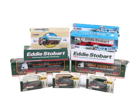 An assortment of Eddie Stobart diecast vehicles. Including a Corgi Volvo Skeletal Trailer TY86705, an Atlas Editions Scania T