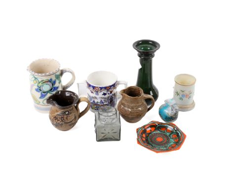 An assortment of 20th century glass and ceramics. Including a Poole octagonal dish, a cylindrical glass vase painted with flo