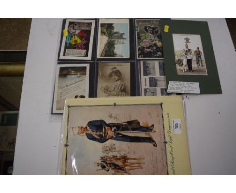 A selection of various postcards; a print on board depicting The Kings Own Light Dragoons in India 1845 etc.
