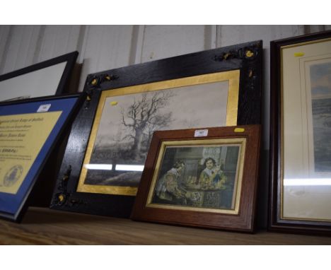 An oak framed print depicting Cromwellian style figures playing chess; together with an oak framed watercolour study of a she