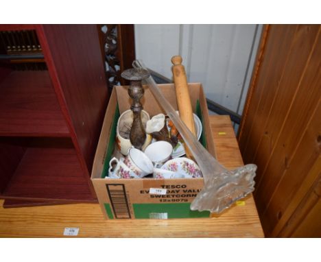 A tall clear glass vase; together with a quantity of Colclough teaware; a rolling pin etc. 