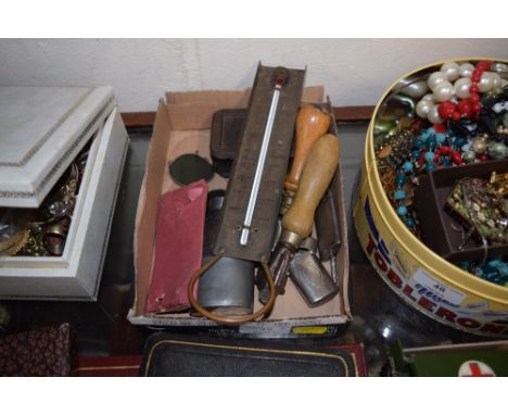 A tray  of vesta cases; a tin opener; hip flask etc.