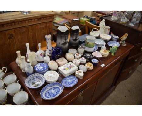 A collection of various china trinket boxes, a Spode Christmas tree egg coddler, a Copeland Spode Italian patterned dishes, a