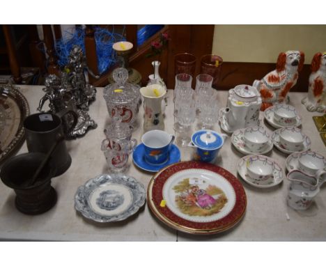 A set of six drinking glasses; two ruby glass wine glasses; a pair of rose decorated vases; a Limoges cabinet plate; two glas