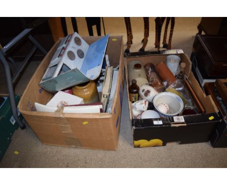 Two boxes of various sundries to include scales, stoneware jars and bottles etc.