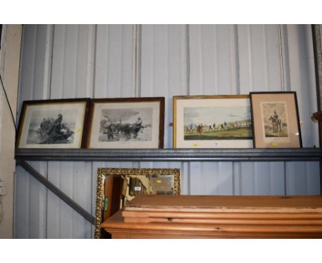 An artillery print together with two oak framed prints of fishing scenes and one other entitled "Newmarket, Training"