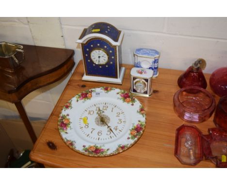 A Royal Albert old country roses wall clock together with two china mantle clocks to include Spode the Millennium Celebration