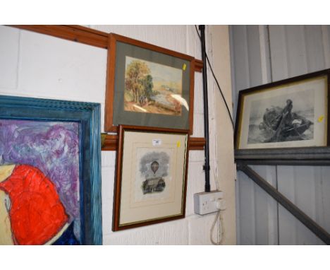 A framed and glazed ballooning print and a watercolour landscape study depicting figures in a country park, unsigned
