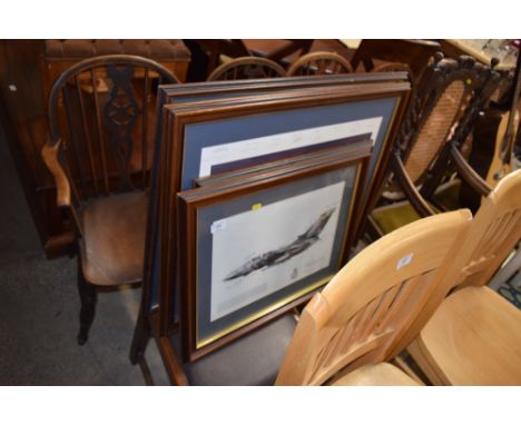 Three framed and glazed autographed pictures, each depicting various aircraft together with a pencil signed print etc