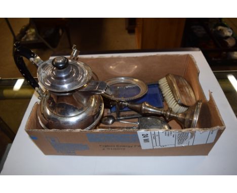 A box of mixed silver and platedware to include a silver candlestick, photo frame, dressing brush with engine turned decorati