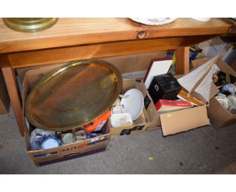 Three boxes of various sundries to include a set of scales, a model yacht, an Indian brass tray etc.