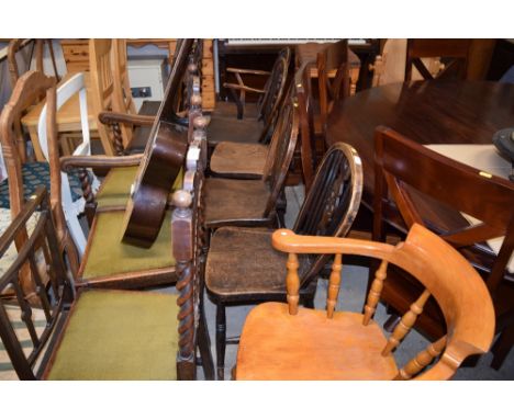 Five elm seated stick and wood kitchen chairs to include one carver 