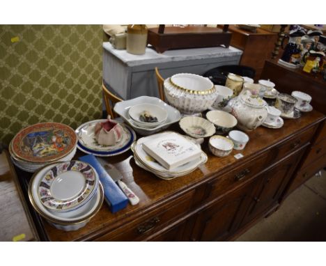 A Spode Victoria teapot, a large Portmierion pottery teacup and saucers, various decorative plates to include Royal Worcester