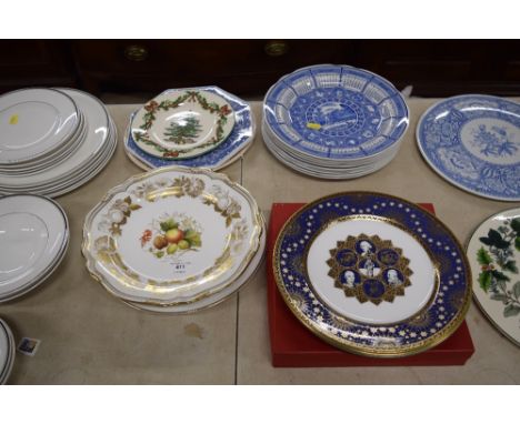 A Spode hand painted Golden Valley plate, Spode Blue Room calendar plates and various other decorative plates