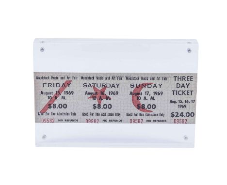 WOODSTOCK Music and Art Fair three day Ticket 1969 im Acrylglasrahmen, HxB: 5 x 15 cm (10 x 15 cm mit Rahmen), in Originalzus