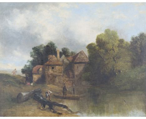 Follower of John Crome - Landscape with Watermill, late 18th/early 19th century oil on canvas, labels verso, 59.5cm x 74.5cm,