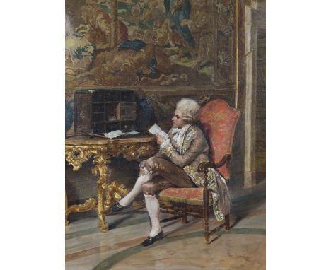 Circle of Eugène Benjamin Fischel - Rococo Interior with a Gentleman reading a Letter at a Desk, late 19th century oil on can