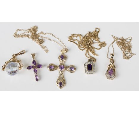 A 9ct gold, amethyst and diamond cut cornered rectangular pendant, length 1.8cm, with a 9ct gold neckchain, length 46cm, a 9c