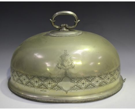 A Victorian plated meat dome with engraved decoration and an armorial with inscription 'Fortuna Sequatur', by Hawkesworth, Ey
