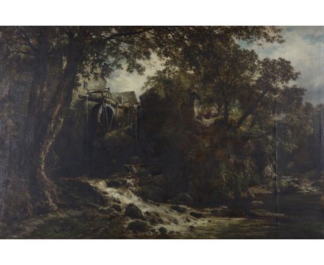 Samuel Henry Baker - 'Water Mills at Ffestiniog', 19th century oil on canvas, signed and titled verso, 80cm x 121cm, within a