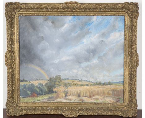 Charles Thomas Wheeler - Landscape with Hay Stooks and Rainbow, oil on canvas, signed with initials and dated '64, 49.5cm x 6