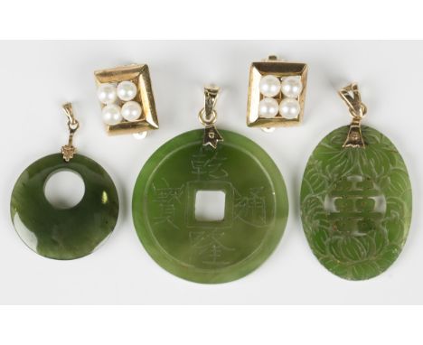 A pair of gold and cultured pearl earclips, each of square design, mounted with four cultured pearls, one detailed '10K', wei
