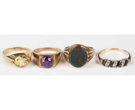 A 9ct gold ring, claw set with an oval cut citrine, a late Victorian 9ct gold and bloodstone oval signet ring, Chester 1891, 