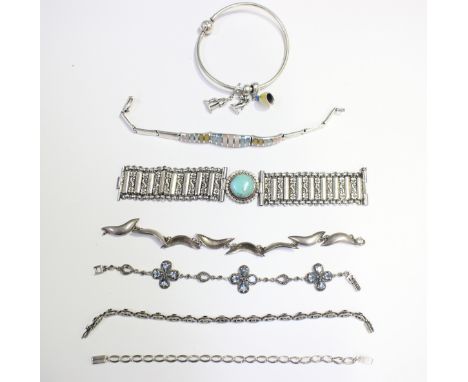 A group of mostly silver jewellery, comprising five pendants, five rings, three pairs of earrings, six odd earrings, a neckla