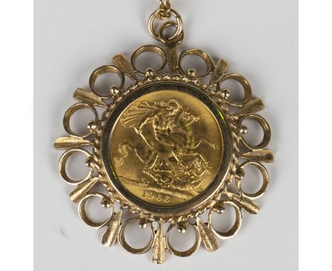 An Elizabeth II sovereign 1966 in a 9ct gold pendant mount, total weight 12.6g, length 4.3cm, with a neckchain, length 53cm.B