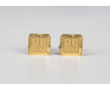 A pair of 9ct gold square cufflinks, detailed with the initials 'PS', with folding bar fittings, London 1967, weight 6.4g, di