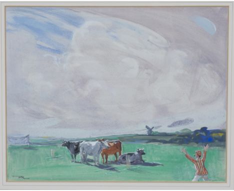 Frank Reynolds - Cows on a Cricket Pitch, early 20th century watercolour with gouache, signed with initials, 19.5cm x 24.5cm,