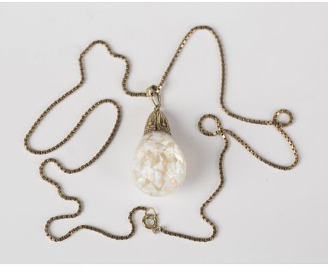 An opal pendant of drop shaped form enclosing floating opal fragments, length 3.9cm, with a 9ct gold box link neckchain on a 