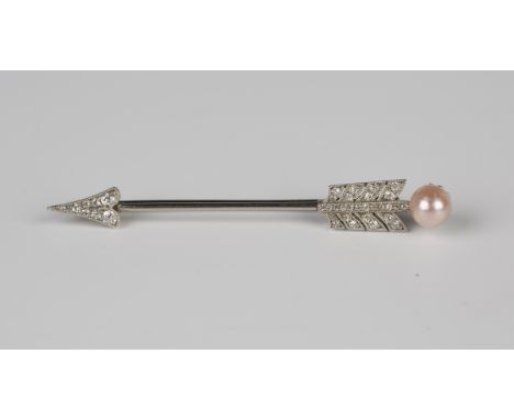 A diamond and cultured pearl brooch, circa 1920, designed as an arrow, the feathers and point mounted with cushion cut diamon