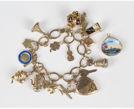 A gold oval link charm bracelet with a folding clasp, unmarked, fitted with sixteen pendants and charms, including a coffee p