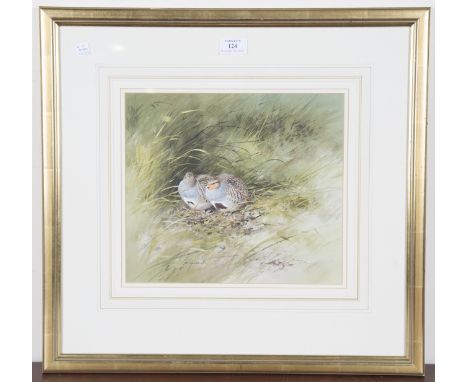 Roger McPhail - 'Partridge Pair', 20th century watercolour with gouache, signed recto, titled gallery label verso, 26cm x 30c