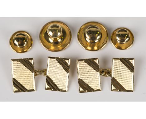 A pair of 18ct gold rectangular cufflinks with engine turned decoration, Birmingham 1933, dimensions of each front 1.5cm x 1c