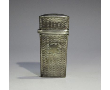 An early Victorian silver étui of engine turned flattened tapering rectangular form, the hinged lid revealing a part fitted i