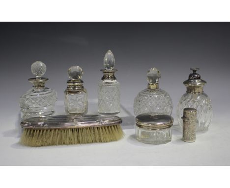 A Victorian silver mounted glass cylindrical scent bottle and stopper with hinged lid, engraved with robins perched amongst h