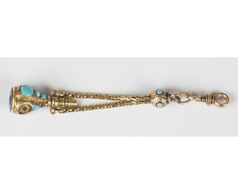 A Victorian gold cased, lapis lazuli and turquoise set watch key/seal, the lapis lazuli intaglio crest engraved, otherwise se