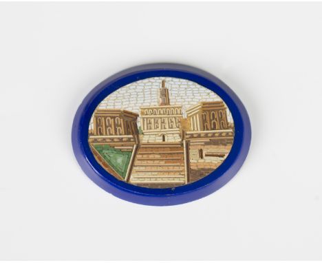 An Italian oval micromosaic plaque, designed as a view of the Capitolium, on a blue paste ground, width 4cm.Buyer’s Premium 2