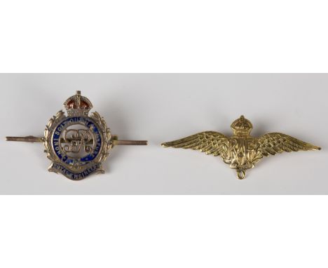 A gold and enamelled Royal Engineers brooch, detailed '9ct', width 4.3cm, and a gold RAF brooch, detailed '9ct', width 5cm, t
